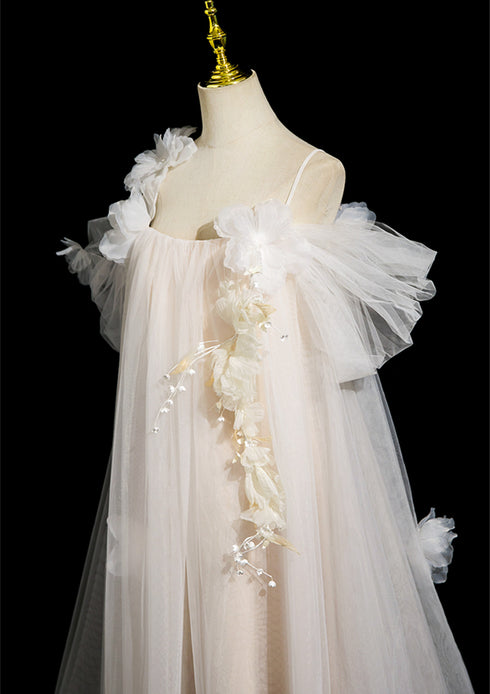 Ivory Tulle with Flowers Scoop Long Wedding Party Dress, Ivory Tulle Long Formal Gown